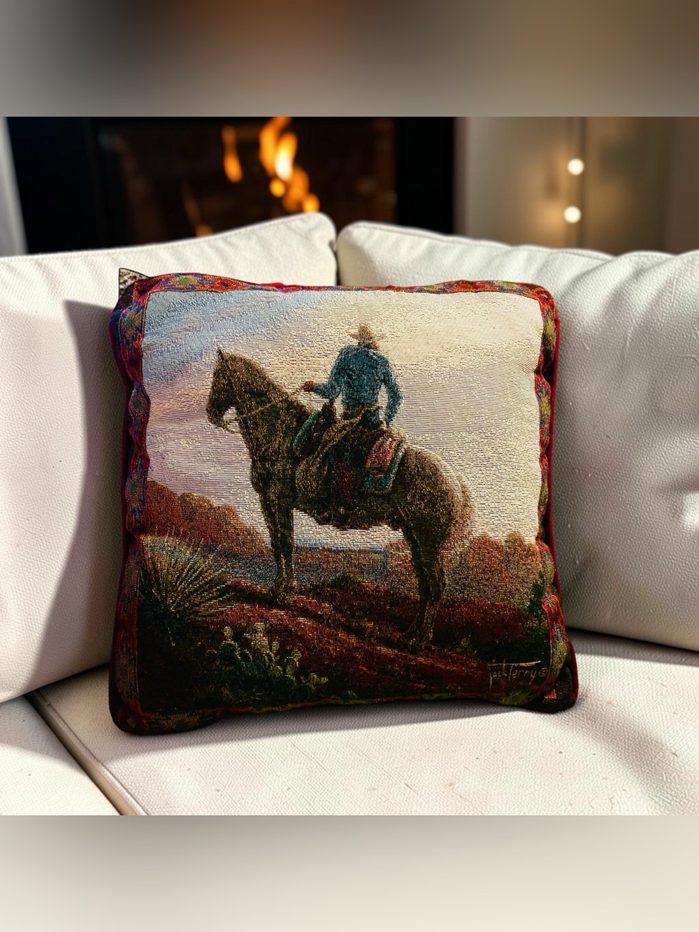 Vintage Western Themed Tapestry Throw Pillow Jack Terry Cowboy On Horse 15”